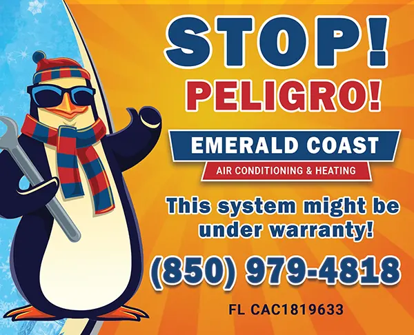 Stop! Peligro! HVAC unit tag warning that a unit might still be under warranty or contract | Air Conditioning Repair in Pace, FL | Unit Tag QR | AirConditioningRepairPensacola.com