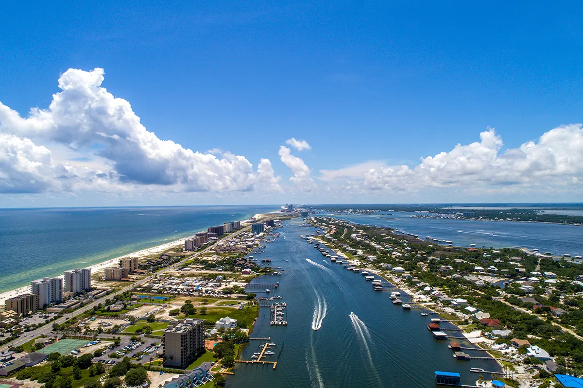 Skyview of City with Boats in the Water | Furnace Repair in Perdido Key| Emerald Coast Air Conditioning and Heating | AirConditioningRepairPensacola.com